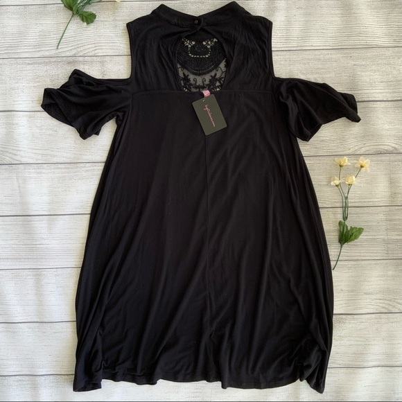Cold Shoulder Lace Front High Neck Black Dress - Picture 7 of 11